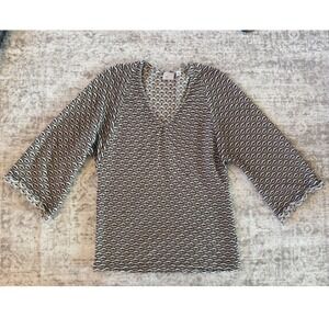Anthropologie Postmark Tan Black Geometric Textured V-Neck Bell Sleeve Top M